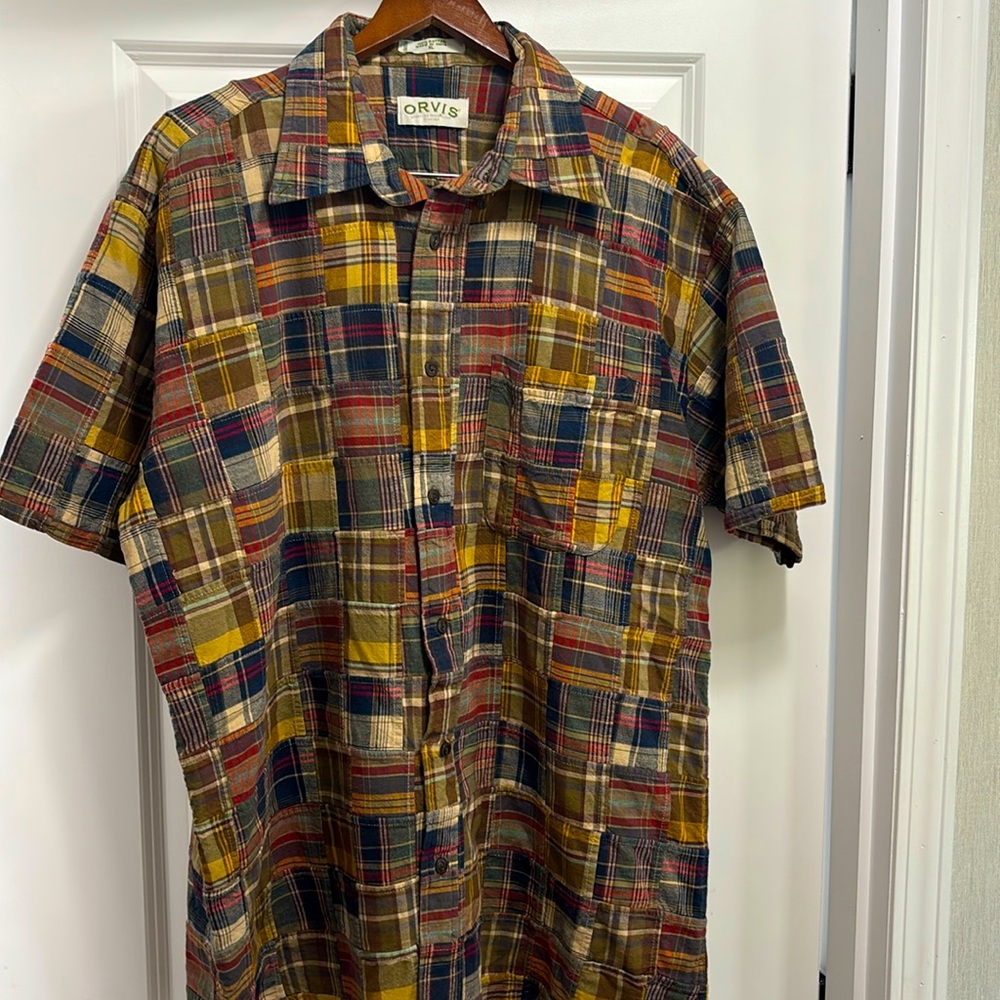 Vintage Madras Patchwork Plaid short-sleeve button down| Orvis 100%cotton Sz.XL